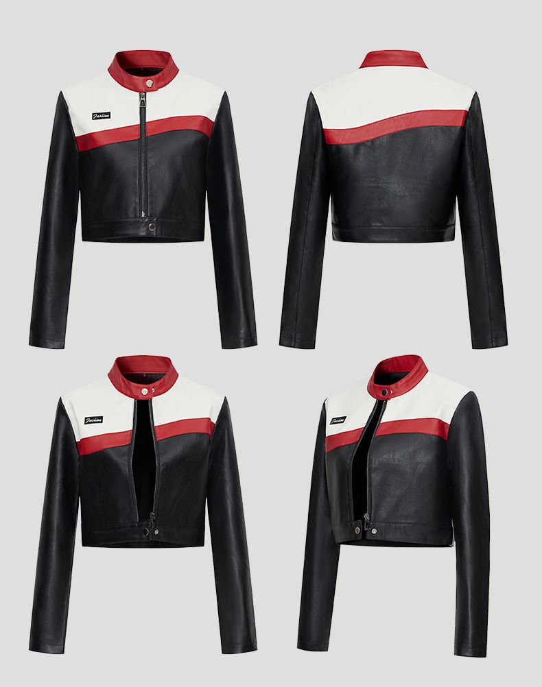 Neue Color-Block Patchwork Motorrad Pilot Kurzmantel Damen Lederjacke_voghion.com