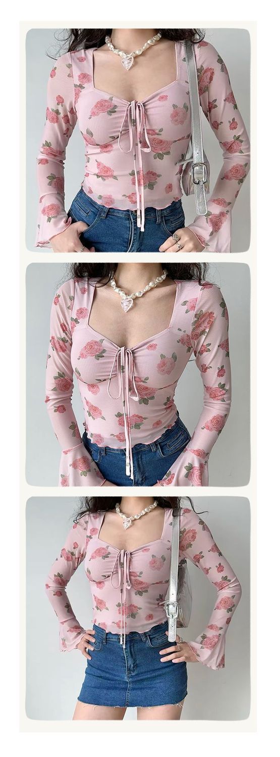 French Sweet Style Mesh Floral Print Bell Square Neck Shirt For Women Slim Fit Long Sleeve Top_voghion.com
