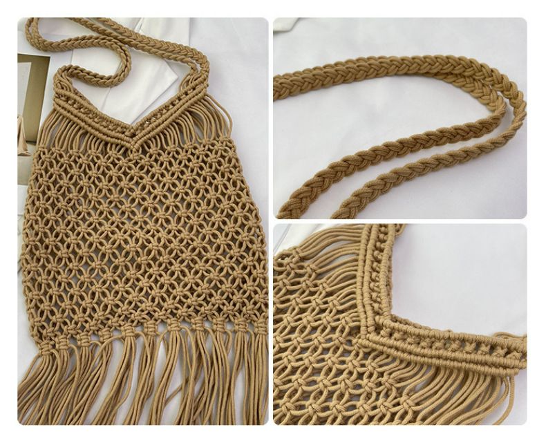 Borsa a tracolla in corda di cotone con nappa da donna, borsa da spiaggia per le vacanze al mare, borsa da donna intrecciata a cavo, nuova_voghion.com
