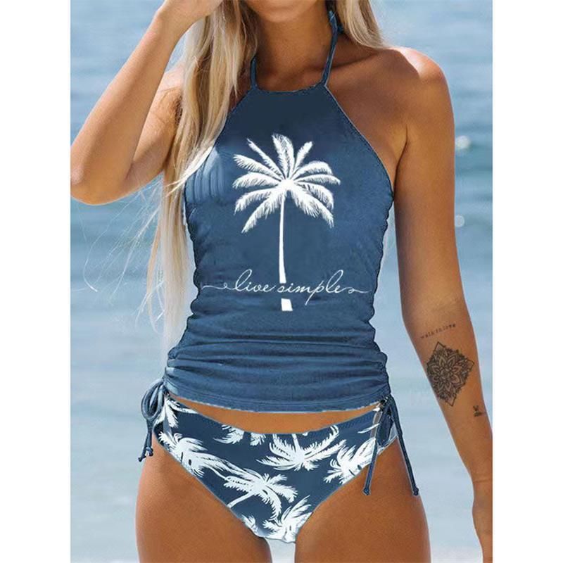 Sexy Bikini-Set für Damen – Tropischer Palmendruck mit verstellbaren Bändern, hoch tailliertes Unterteil für Bauchkontrolle, Bademode in Übergröße für Strand und Pool_voghion.com