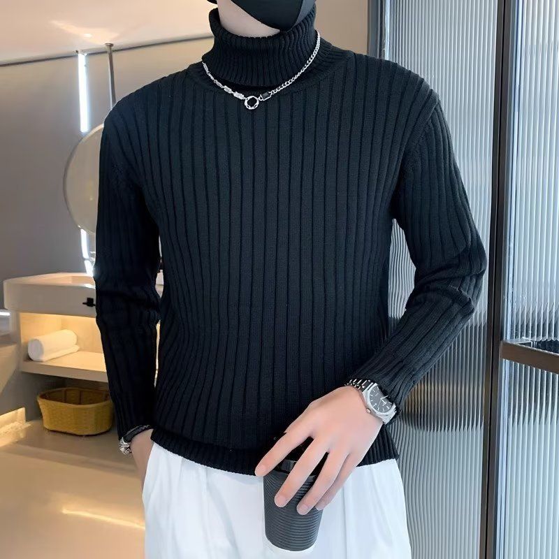 Pull col roulé pour homme, coupe ajustée, pull tricoté chaud à col long pour jeunes_voghion.com