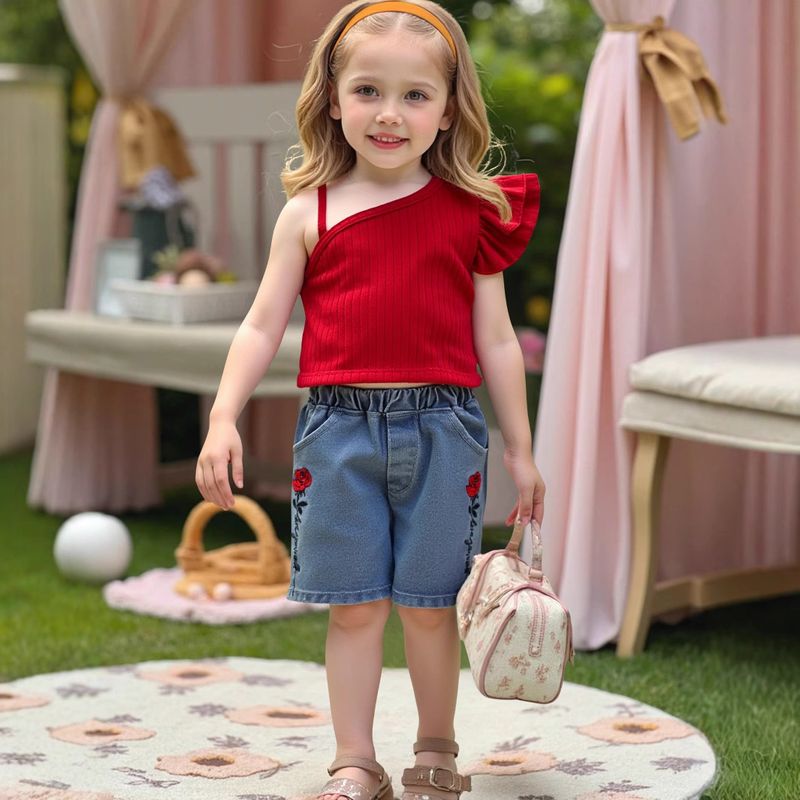 Ropa para niños Pantalones cortos de mezclilla para niñas Pantalones cortos de mezclilla de estilo nuevo de verano para niñas Chaleco rojo Traje corto de mezclilla_voghion.com