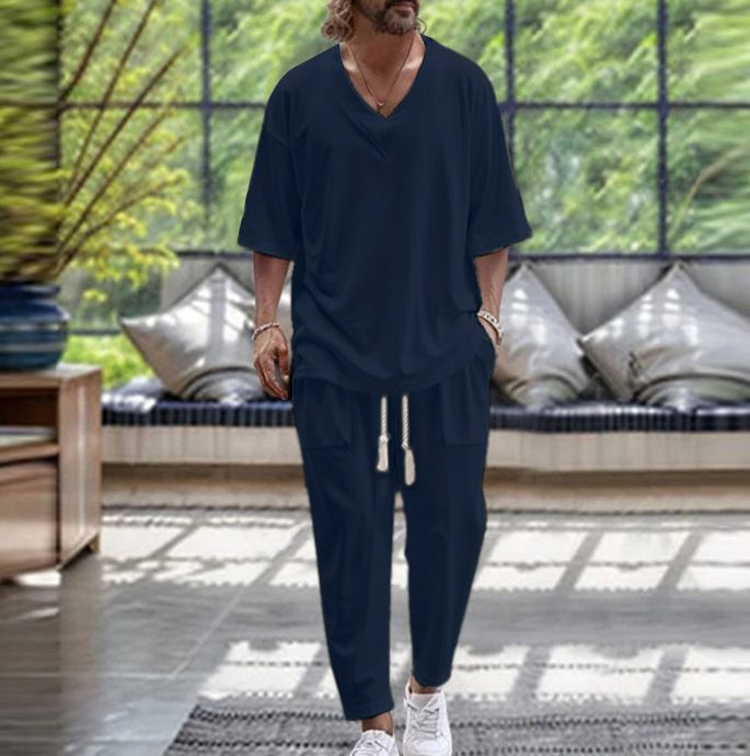Men's Clothing Cotton And Linen V Neck T Shirt Casual Short Sleeved Trousers Beach Suit_voghion.com