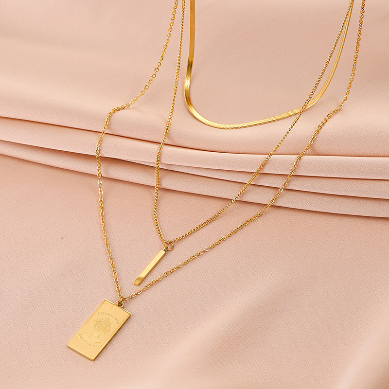 European and American fashion multi-layer stacking long square queen head titanium steel pendant irregular simple versatile necklace_voghion.com