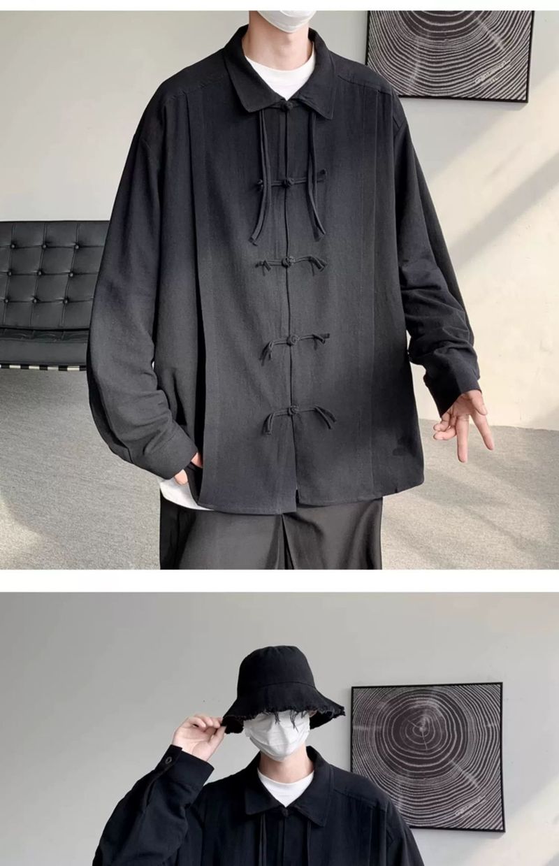 New Chinese Long Sleeved Shirt With Button Closure For Men's Spring And Autumn Designs, Oversized Tang Style Shirt,_voghion.com