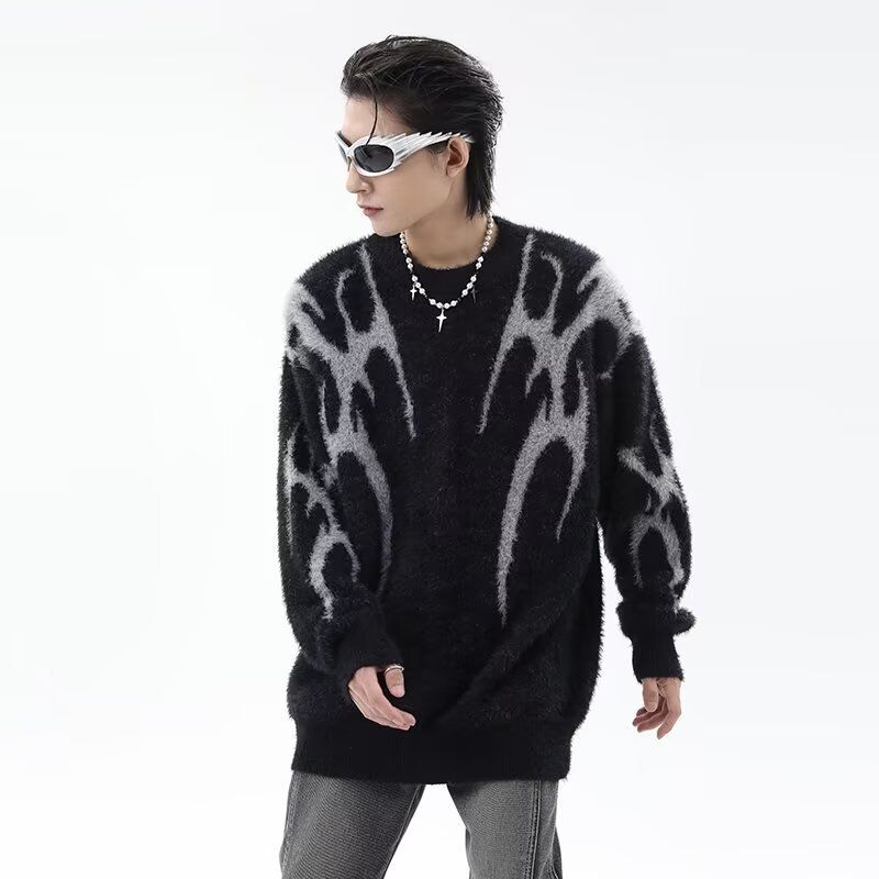 Autumn And Winter High Street Retro Jacquard Design Round Neck Sweater Men's Loose Pullover Knitted Sweater_voghion.com