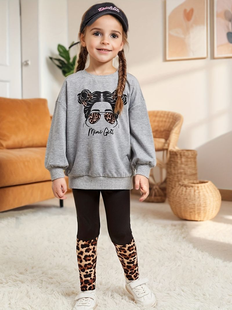 Kinderkleidung für Mädchen, Herbstmuster, Rundhalsausschnitt, langärmliger Pullover, enge 9-Punkt-Hose, modischer, lässiger zweiteiliger Anzug_voghion.com