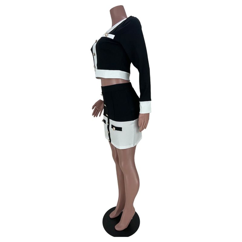 Women's fashion casual black and white stripes with buttons two-piece set_voghion.com