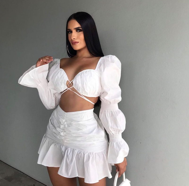 Ensemble 2 pièces sexy pour femme, tenue de festival, haut court à manches bouffantes et mini-jupe à volants, tenue de club, tenue de soirée assortie_voghion.com
