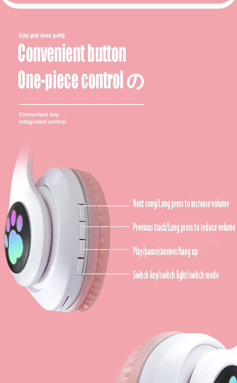 Casque Bluetooth sans fil à oreilles de chat avec design pliable et boutons multifonctions colorés_voghion.com
