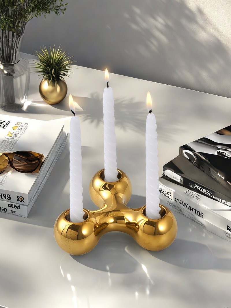 1pc Gold High-end Light Luxury Design Three-hole Candle Holder Is Used In The Living Room Countertop Multi-scene Ornament Candle Candle Holder_voghion.com