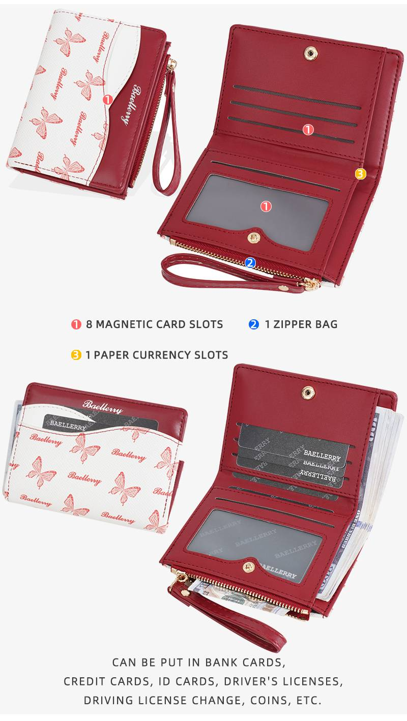 Portafoglio pieghevole con fermasoldi a forma di fiocco, stile cartone animato, alla moda, in pelle PU, stile studente, di alta qualità, con sensazione Zero, multi-slot per carte._voghion.com