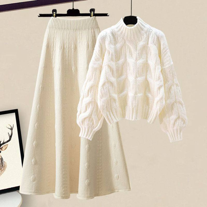 Completo da donna autunno inverno stile maglione spesso in maglia vestibilità comoda e gonna midi snellente in due pezzi_voghion.com