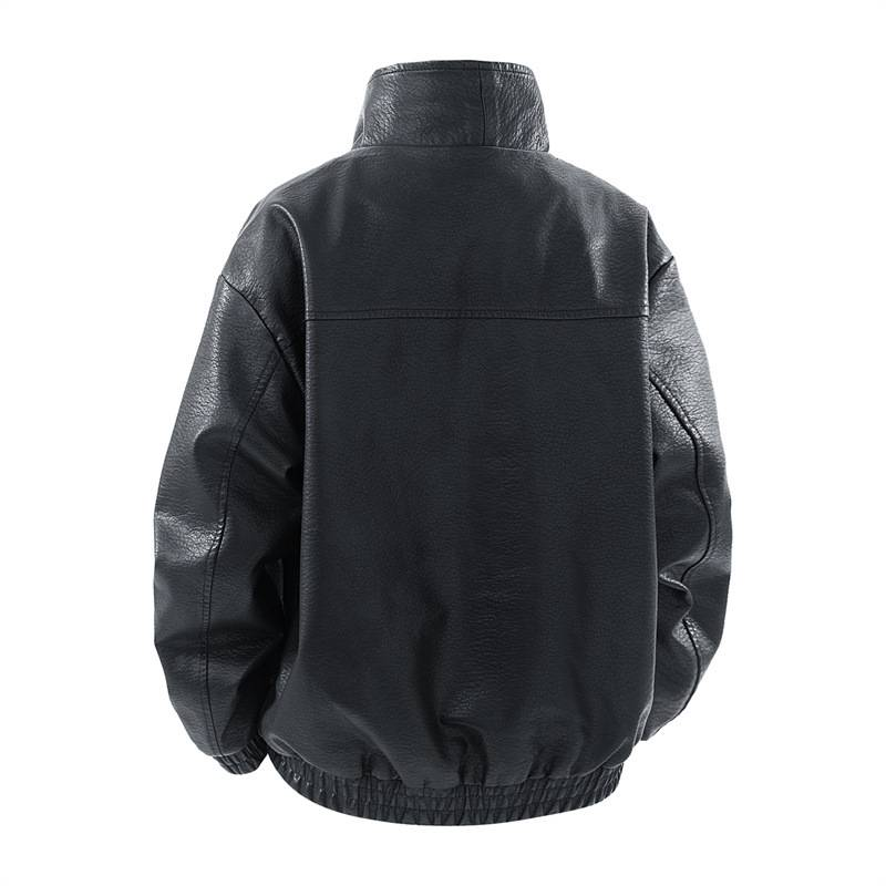 Heren oversized bikerjack - dubbelrijs PU-leren jas met opstaande kraag_voghion.com