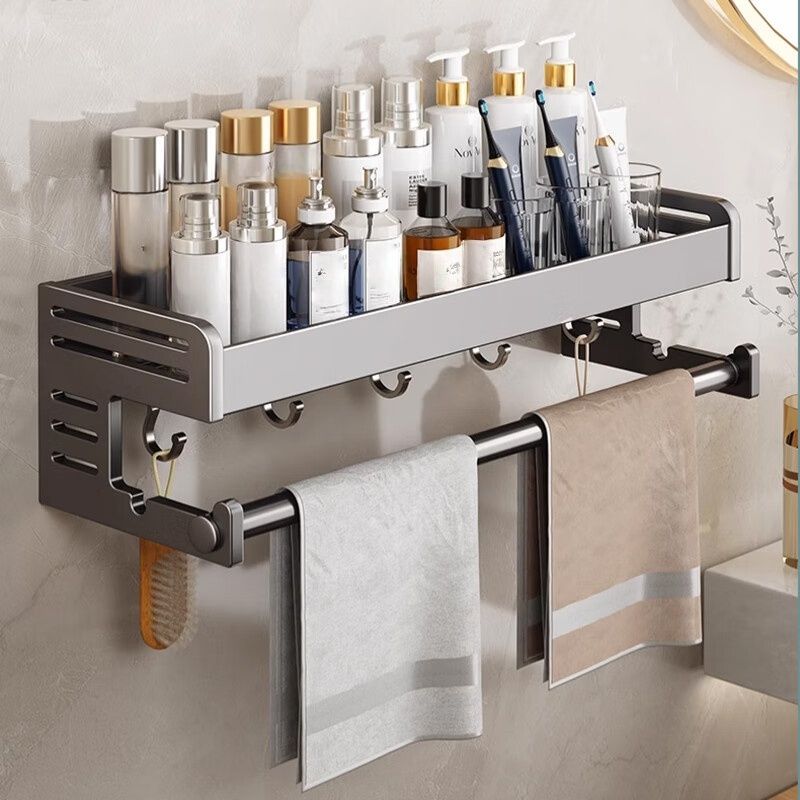 Aluminum Bathroom Shelf With Hooks - Wall Mounted Organizer For Towels, Toiletries & Cosmetics Rustproof, Space-Saving,_voghion.com