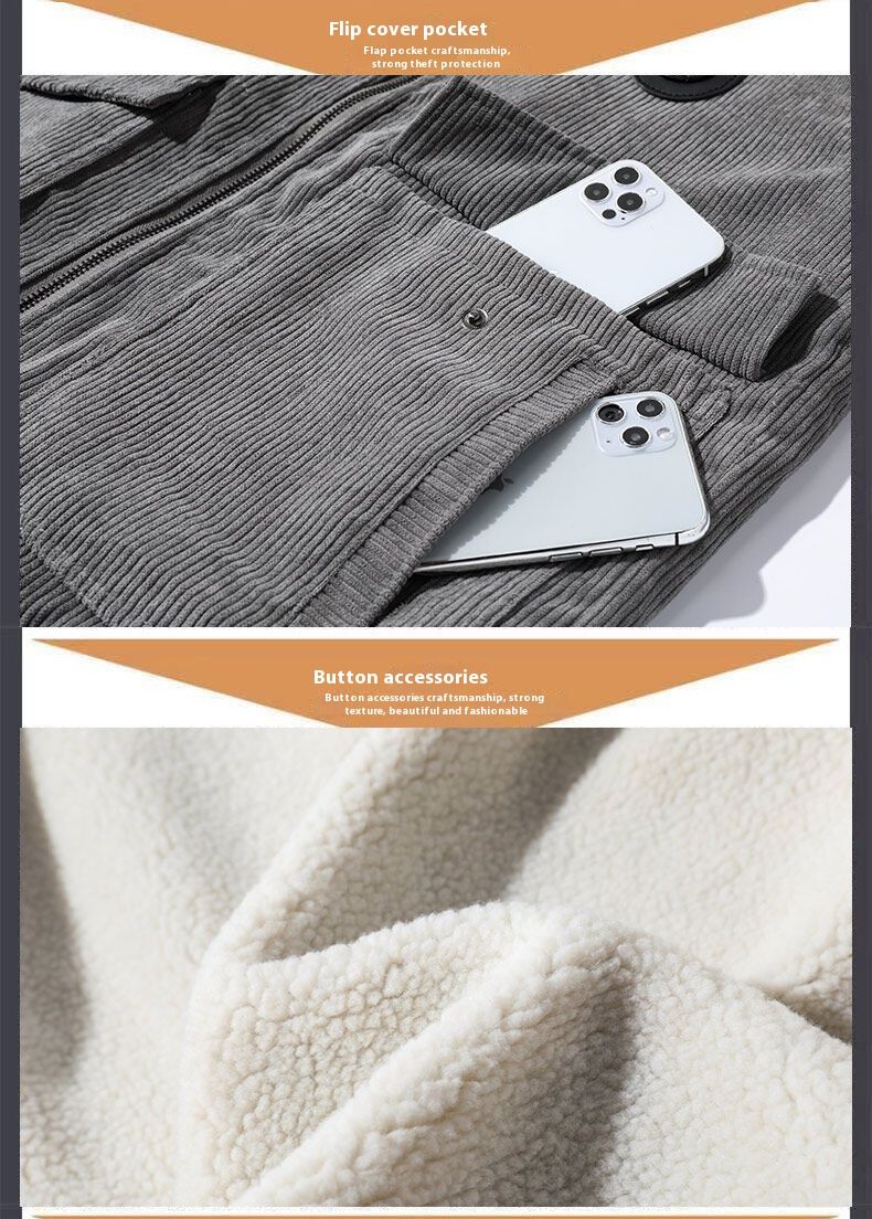 Giacca da uomo in velluto a coste con fodera in pile e collo in sherpa, caldo cappotto invernale con cerniera per outfit casual (grigio, cachi, nero, verde)_voghion.com
