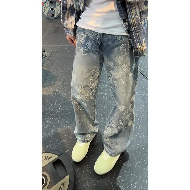 Vintage-Jacquard-Jeans für Herren – Lässiger, gerader Schnitt mit floraler Retro-Stickerei für lässige Streetwear_voghion.com