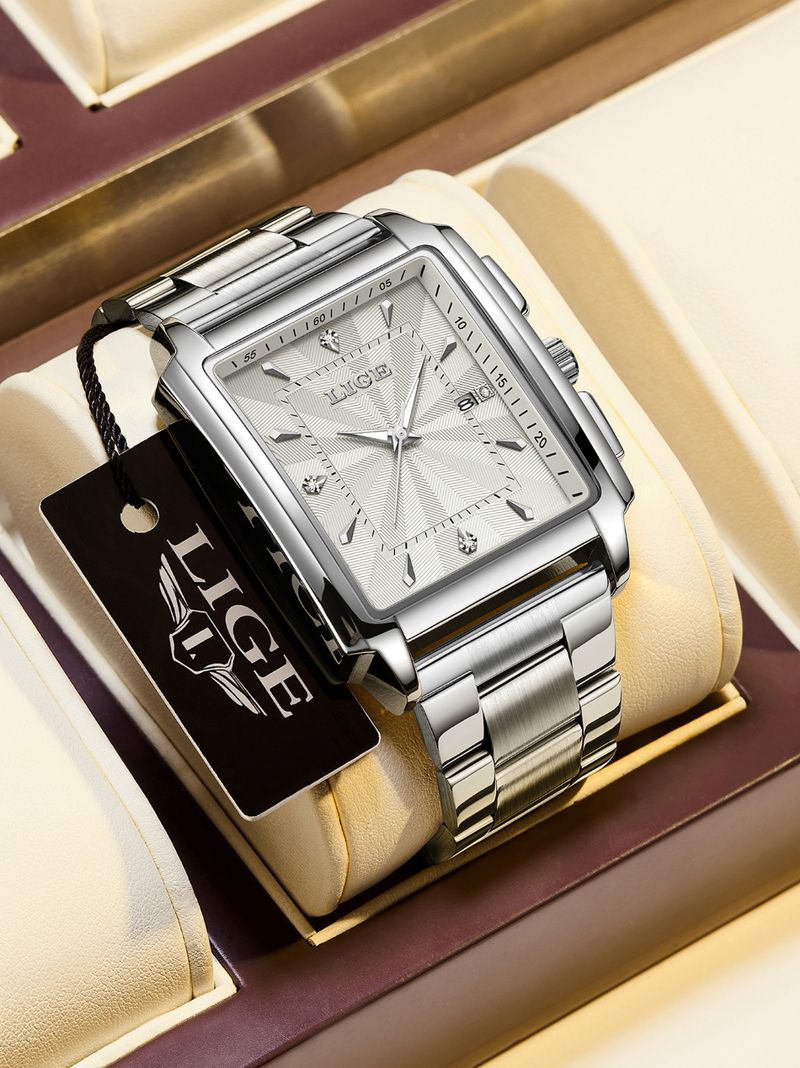Men's Business Quartz Watch With Date Display, Water Resistant Stainless Steel Band, Square Mineral Glass Steel Belt Quartz Watch Men's Watch_voghion.com