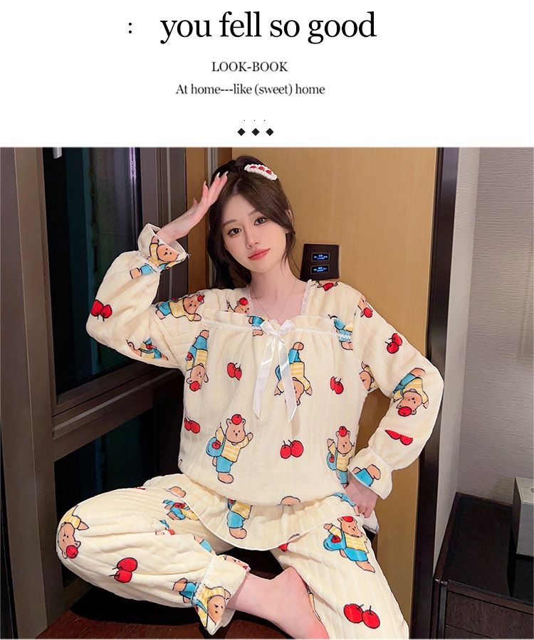 Shuishao veludo pijamas mulheres no inverno, doce princesa estilo calças de manga comprida com tamanho 230 libras mais M casa_voghion.com