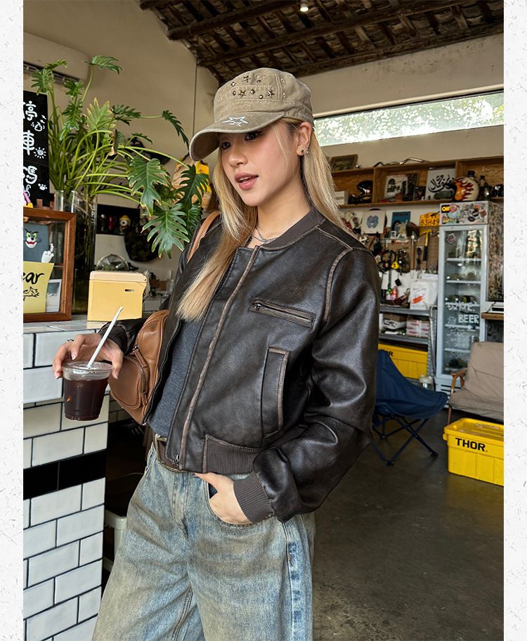 Veste de moto courte en cuir américain vintage fabriquée à la main pour femme, nouveau manteau Melad à manches longues, haut polyvalent_voghion.com