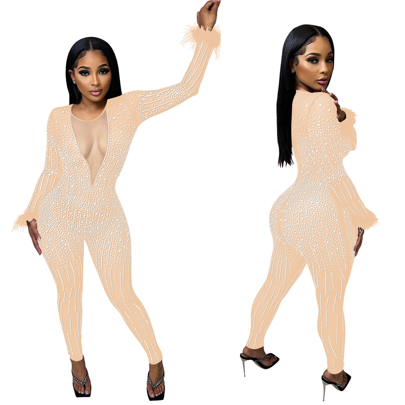 Damenbekleidung Mesh Mesh Hot Diamond V-Ausschnitt Langarm Feder Lang Bibliothek Jumpsuit_voghion.com