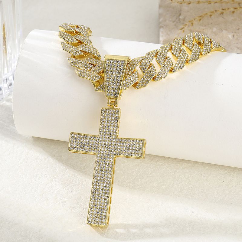 Pingente de cruz de personalidade popular com liga de diamante, corrente cubana, crença religiosa, colar hip hop_voghion.com