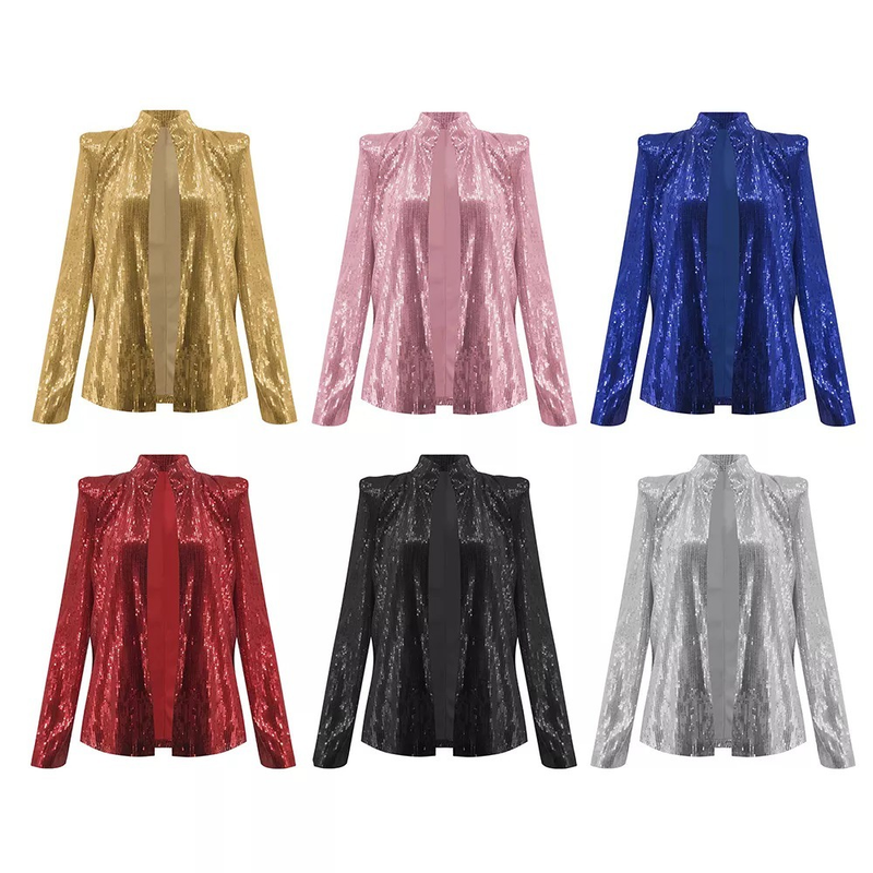 Women's Clothing Women's Fashion Stand up Collar Solid Color Sequined Jacket Short Casual All match Small Jacket_voghion.com