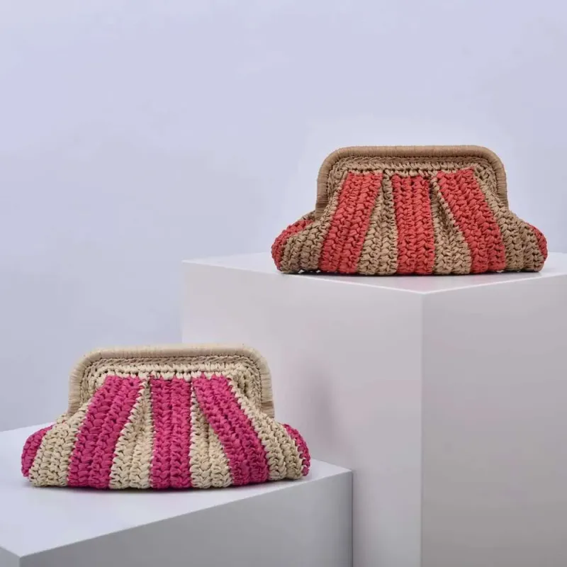 Designer 2025 Mode Gestreifte Stroh Kupplung Casaul Shell Papier Gewebt Frauen Schulter Umhängetaschen Handgemachte Sommer Strand_voghion.com
