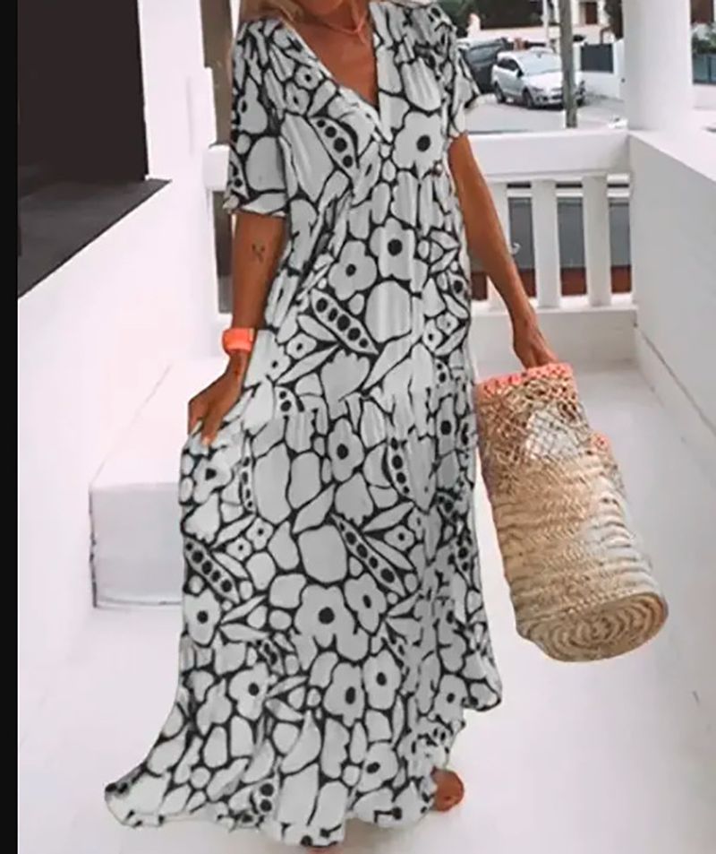Sommer 2024 Neues bedrucktes, kurzärmeliges, langes Kleid mit V-Ausschnitt für Damen_voghion.com