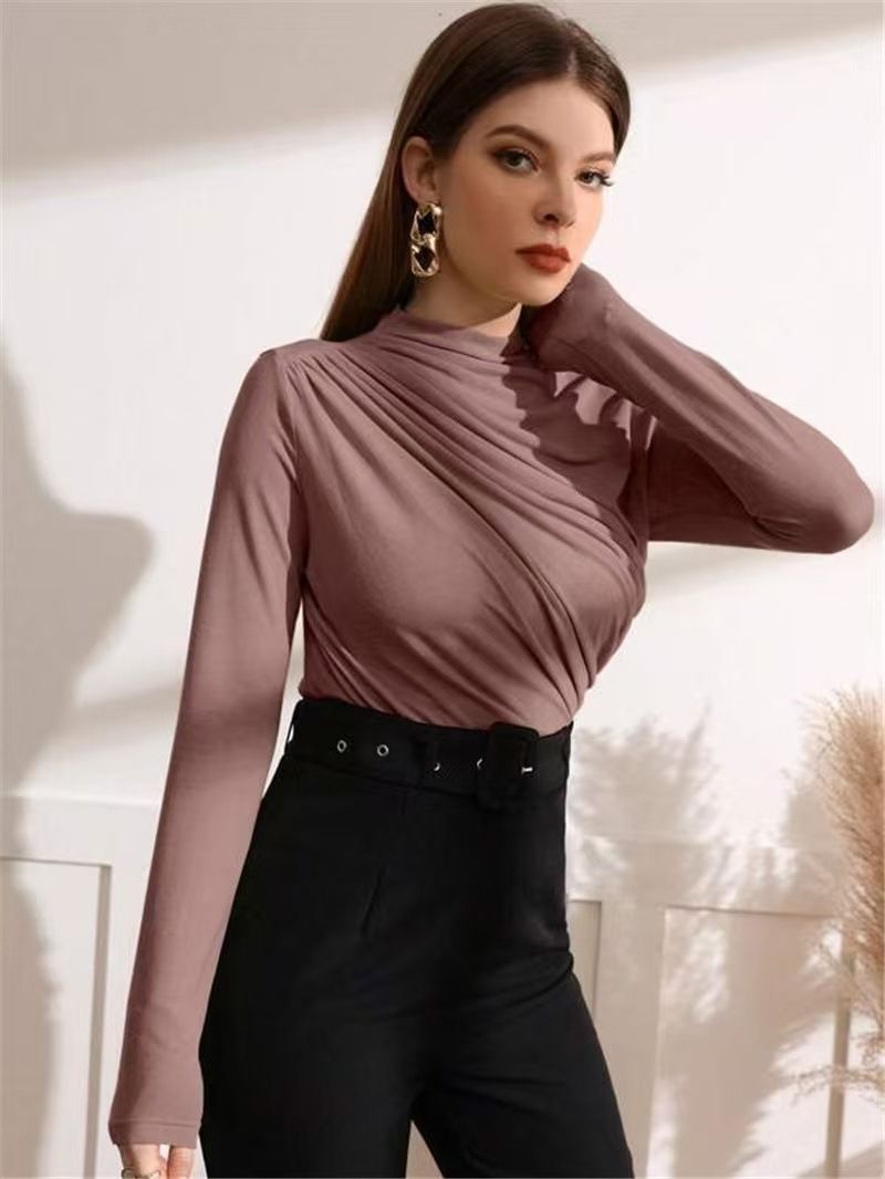 2025 Autumn And Winter New Design, Pleated Versatile Long Sleeved T-shirt, Women's Solid Color Top_voghion.com