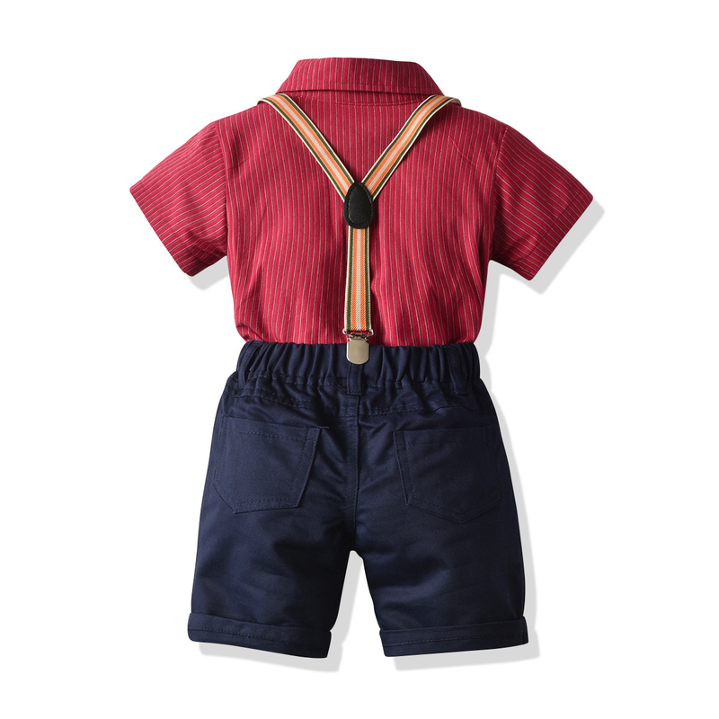 New Gentlemen's Boys' Dress Striped Short Sleeve Necktie Shirt Strap Pants Set_voghion.com