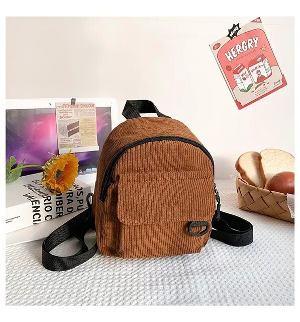 Mini zaino da donna alla moda Zaini piccoli in velluto a coste tinta unita Zaini da viaggio per studenti semplici e casual_voghion.com