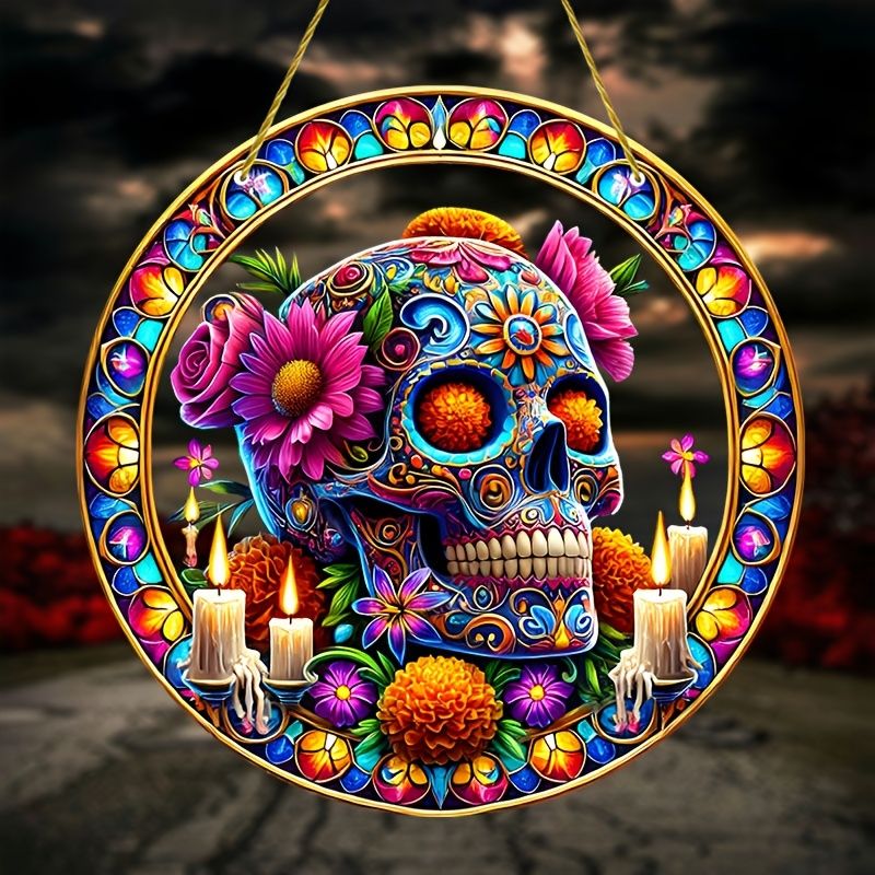 Acchiappasole vibrante a forma di teschio di zucchero - Arte in acrilico colorato da 23 cm. Decorazione festiva per le celebrazioni del Dia de Muertos o per gli spazi dei bar._voghion.com