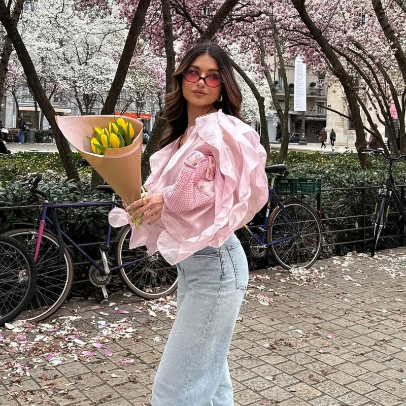 Elegant Chiffon Blouse With Cascading Hem – Flowy V-Neck Shirt With Ruffle Detail (Polyester, S-L, White/Pink/Khaki, Boho Office )_voghion.com