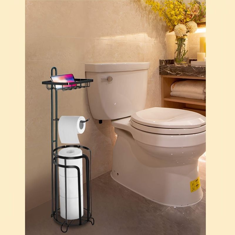 Toilet Paper Holder Stand Tissue Paper Roll Dispenser With Shelf For Bathroom Storage Holds Reserve -Black_voghion.com