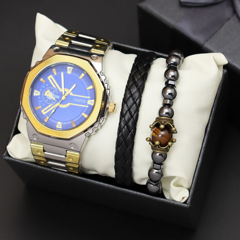 Geschenkbox Uhrenset Herren Quarz Wasserdicht Kalender Uhr Armband Stahlband_voghion.com