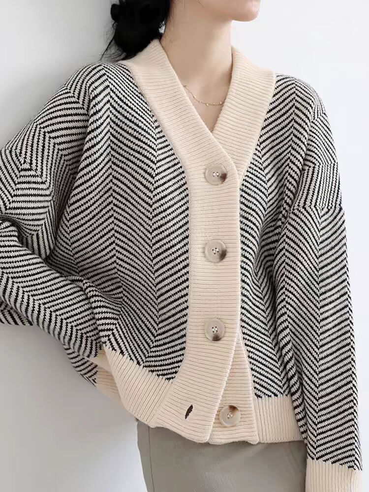 Women's autumn lazy style striped sweater jacket, loose and thick outer wear knitted cardigan_voghion.com