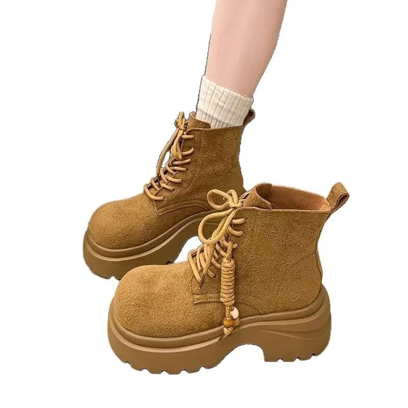 Plattformhöhenerhöhung Martin für Frauen 2025 Herbst Neue Mode Melad Abnehmen Kurze Schnürstiefel Gelb_voghion.com