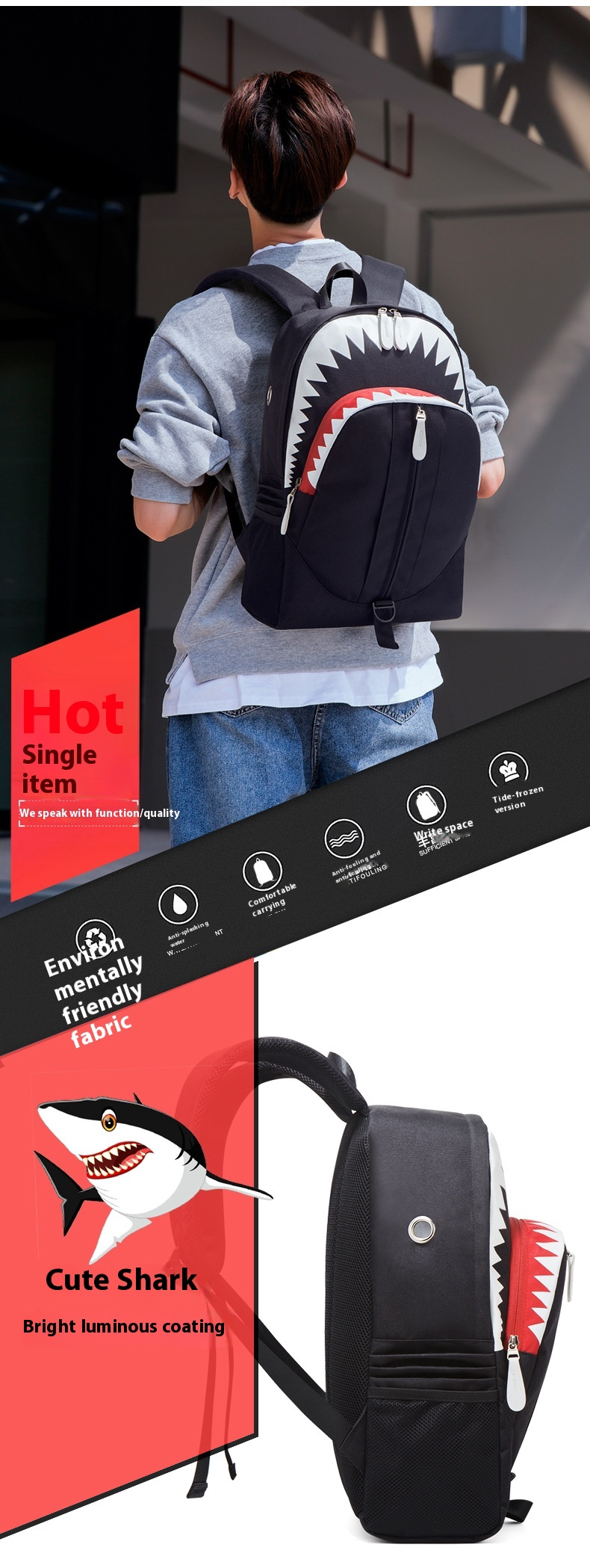 Batoh Nightglow pro muže s velkými ústy, žraločí USB funkce, studentský batoh, personalizovaný moderní styl, Guangzhou_voghion.com