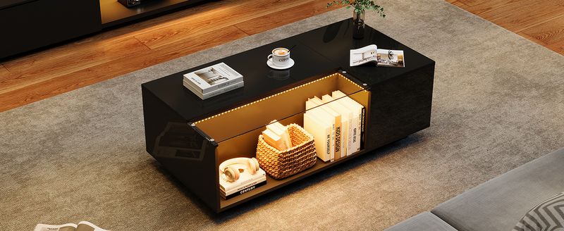 Table basse LED 100 x 50 x 35 cm avec rangement, table de salon en verre noir brillant avec 2 tiroirs, table d'appoint de canapé moderne_voghion.com