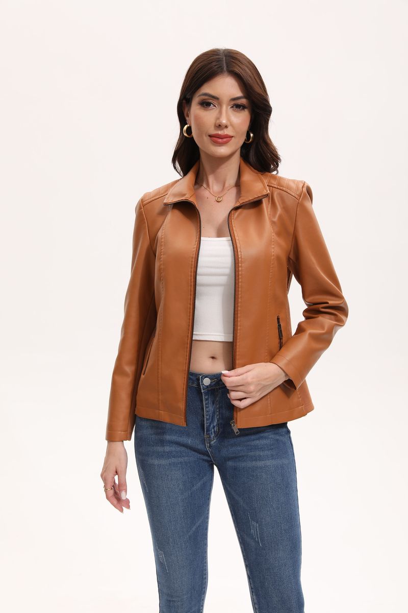 Damenbekleidung Kunstlederjacke mit Strickeinsätzen – Dehnbare kurze Bikerjacke in Schwarz, Camel & Braun | S-XXL_voghion.com