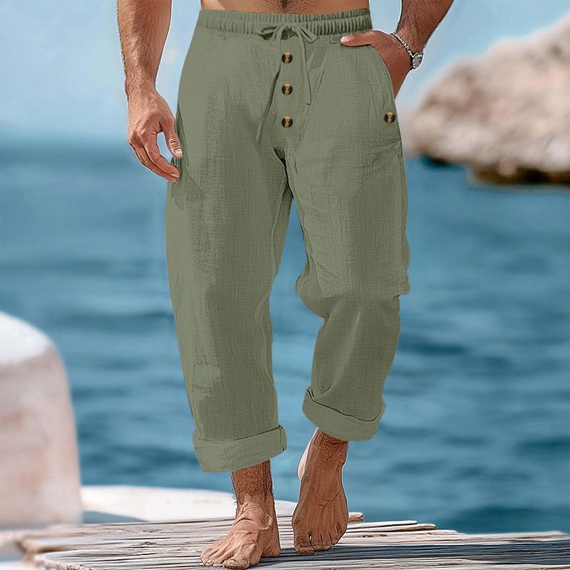 Pantaloni da spiaggia primaverili e autunnali da uomo, in cotone e lino, tinta unita, larghi, con coulisse e bottoni, casual, da uomo_voghion.com