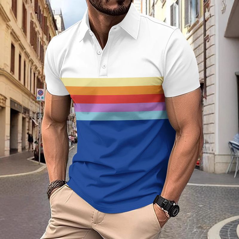 Fashionable Short Sleeved Printed Polo Summer Lapel Shirt, Rainbow Color Block Men's Streetwear_voghion.com