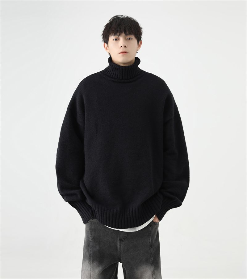 QOTRIOCK Turtleneck For Men Winter Loose Solid Color Fleece Lined Thickened Warm Couple Knitted Base Shirt Sweater_voghion.com