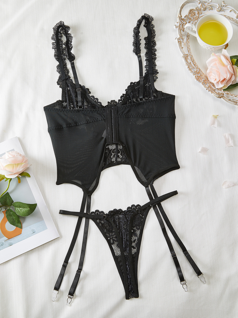 Conjunto de lencería sexy de encaje transparente, uniforme apasionado y seductor, sujetador, tanga, conjunto de dos piezas_voghion.com