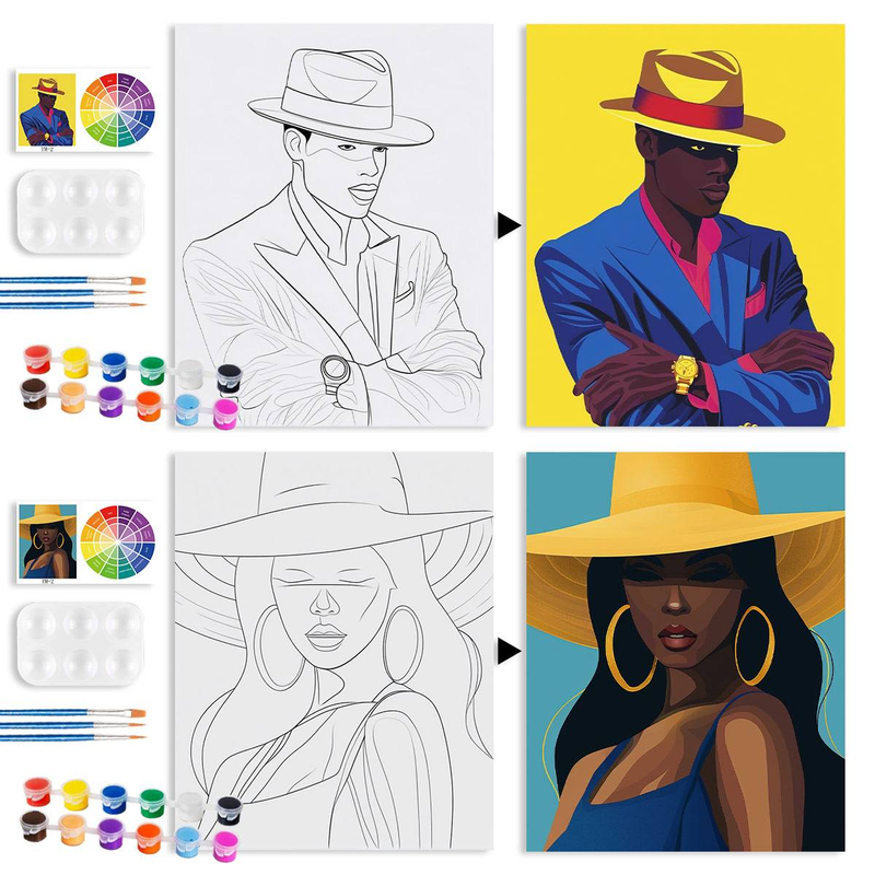 2 stuks met ingelijste canvas schildersets voorgetekende canvas voor volwassenen verf en gespannen canvas heer en dame paar kunstset 20x25cm/8x10inch_voghion.com