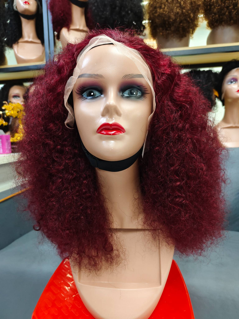 Afro Kinky Curly 13x4 Lace Closure Perücke Echthaar 99J weinfarben 20in Perücke Lockige Echthaarperücken_voghion.com
