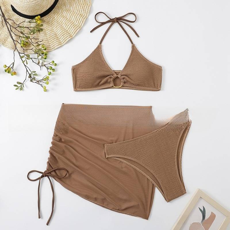 Women's Clothing Spring And Summer New Women's Swimsuit Slim Fit Pure Color Sexy Fashion Hanging Neck Three Piece Set_voghion.com
