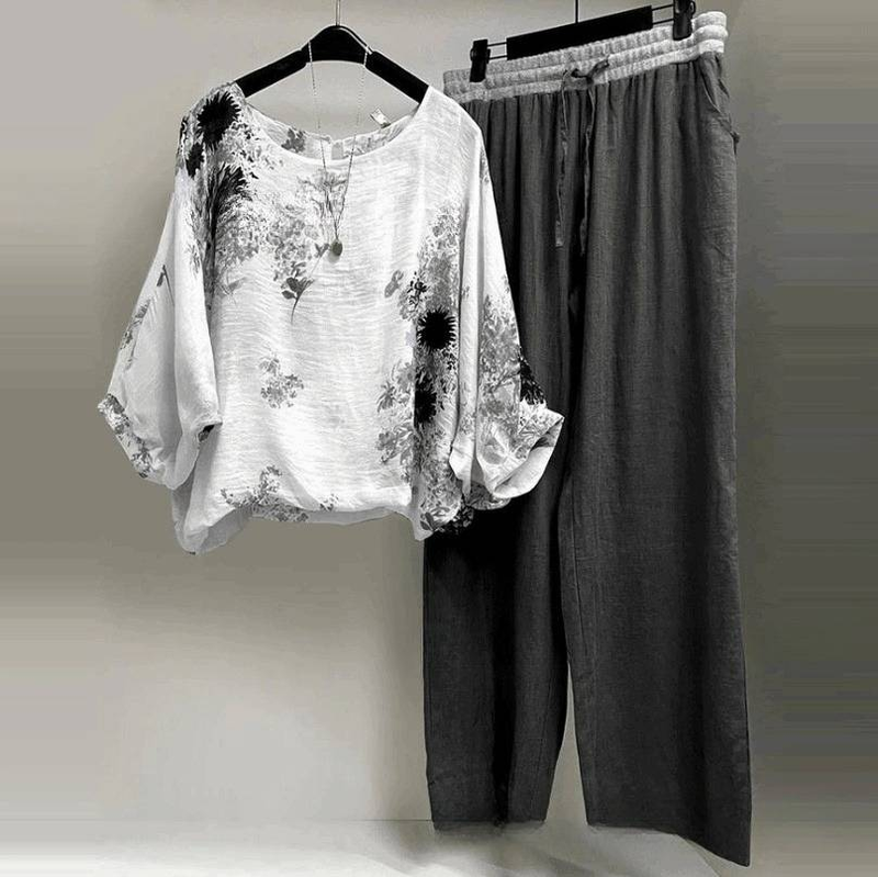 Roupas femininas Moda Ternos Femininos Elegantes Algodão E Linho Terno De Duas Peças_voghion.com