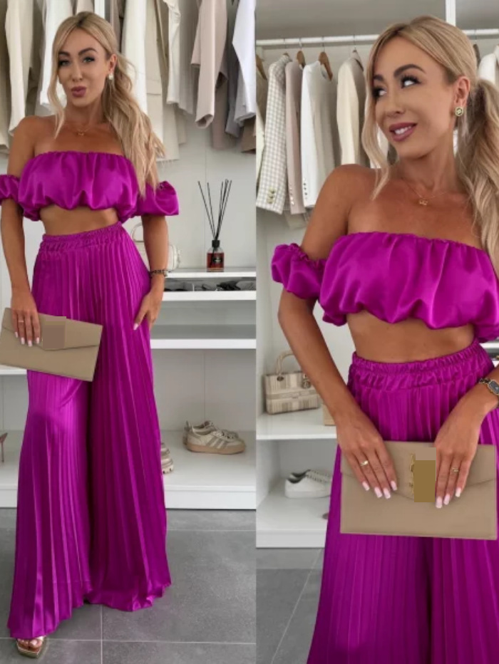 Dameskleding Effen kleur Temperament Tube Top Geplooide broek Pak_voghion.com